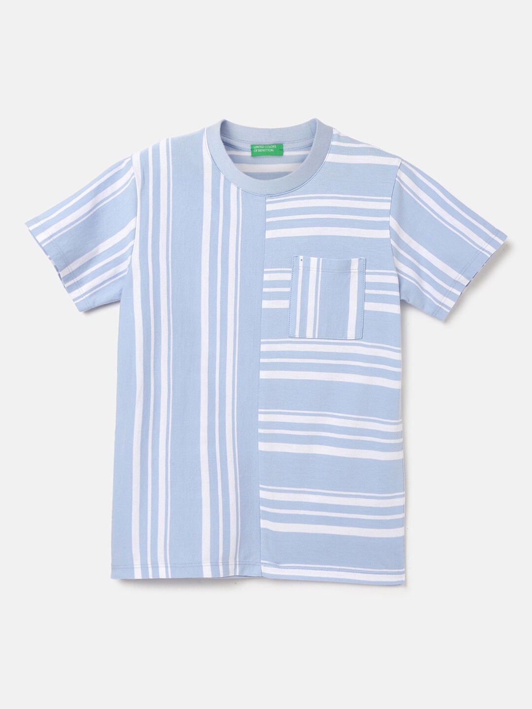 

United Colors of Benetton Boys Striped V-Neck Pure Cotton Pockets T-shirt, Blue