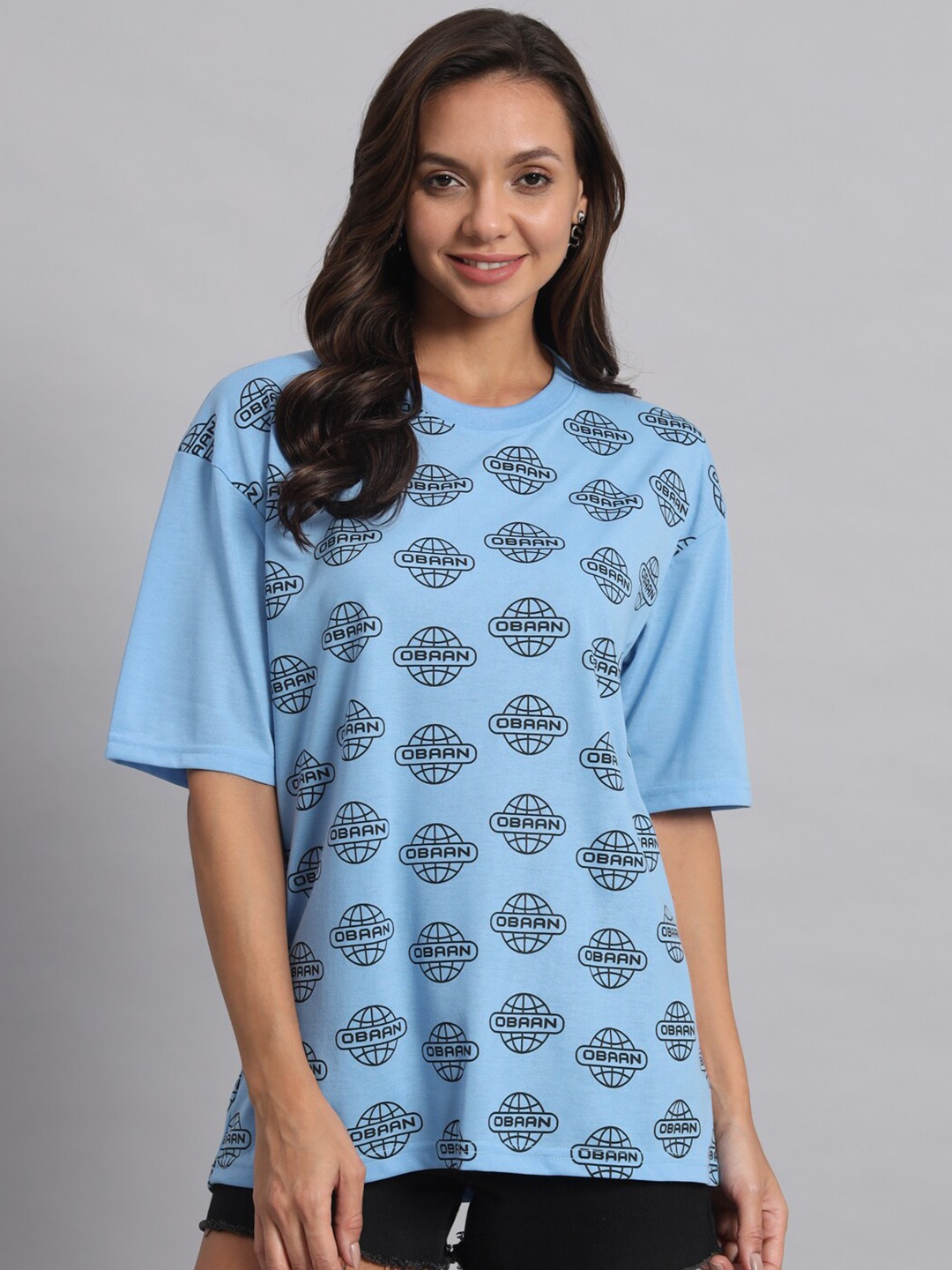

Obaan Women Printed Applique T-shirt, Blue