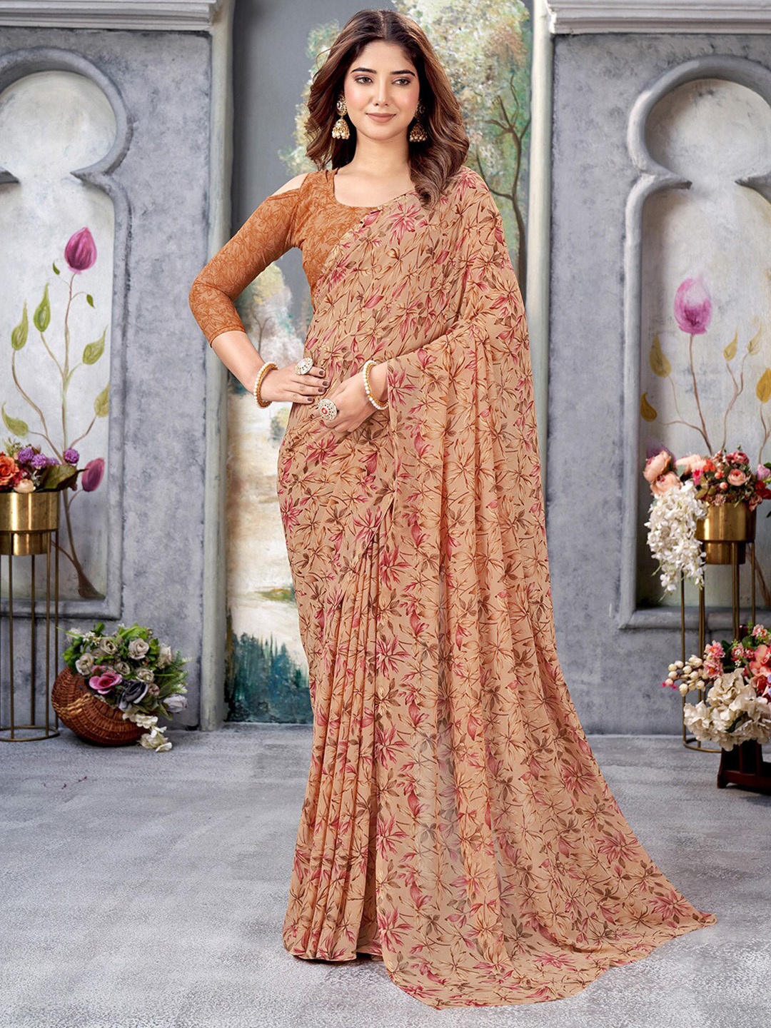 

Mitera Floral Poly Georgette Sungudi Saree, Orange