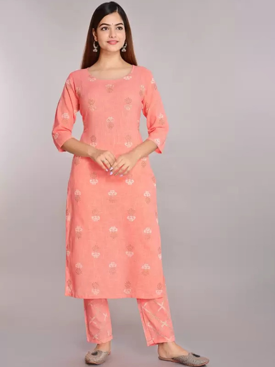 

PARIKSHIT Women Ethnic Motifs Printed Regular Pure Cotton Kurti with Trousers, Pink
