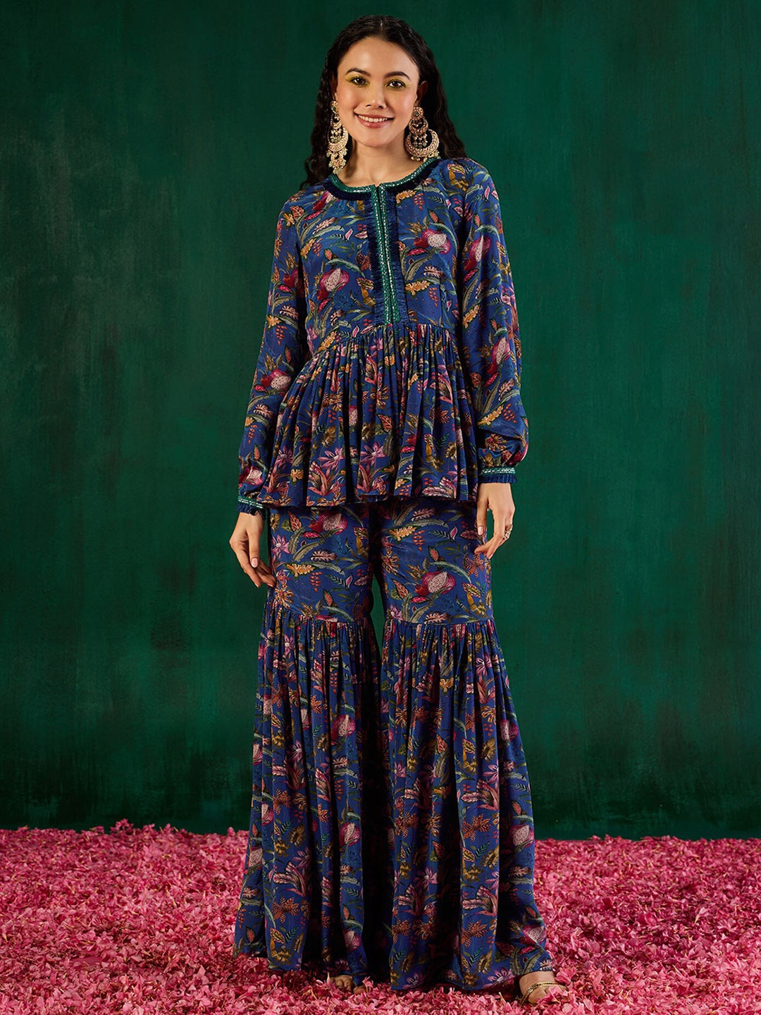 

Gajra Gang Women Floral Printed Empire Top with Sharara, Blue