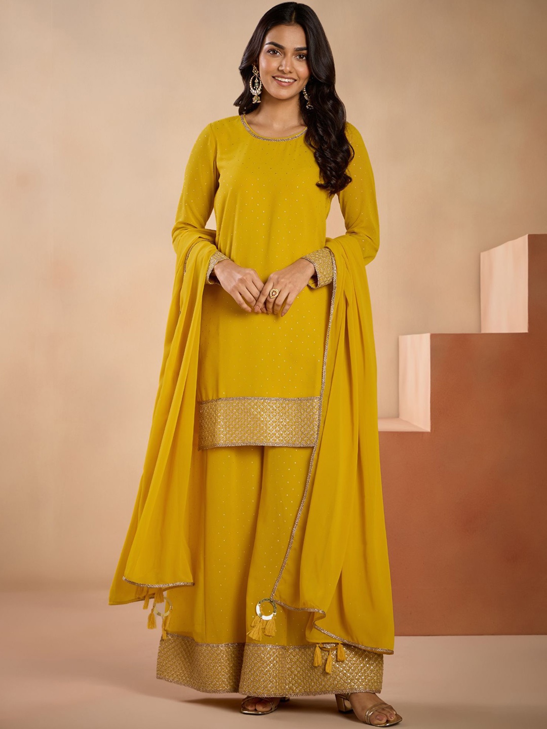 

Gajra Gang Women Embroidered Regular Sequinned Kurta with Palazzos & With Dupatta, Mustard