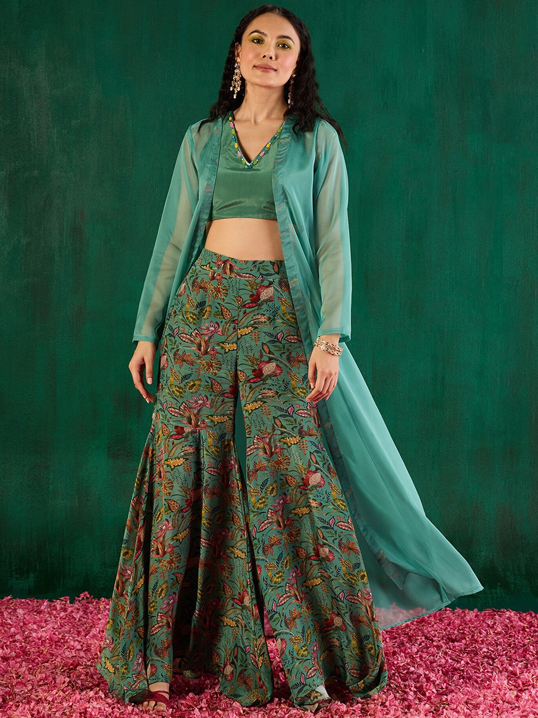

Gajra Gang Printed Top & Sharara Co-Ords With Shrug, Teal