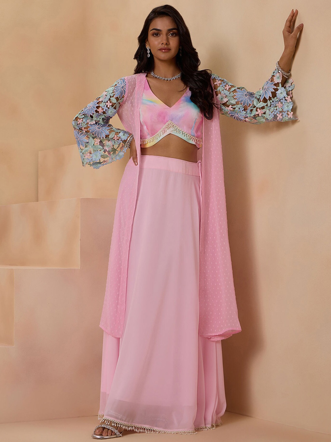 

Gajra Gang Embellished Georgette Crop Top With Skirt & Shrug Co-Ords, Pink