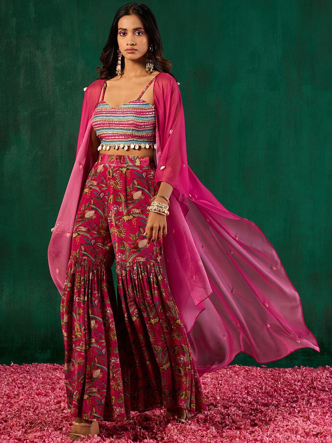 

Gajra Gang Floral Printed Crop Top With Sharara & Jacket, Pink