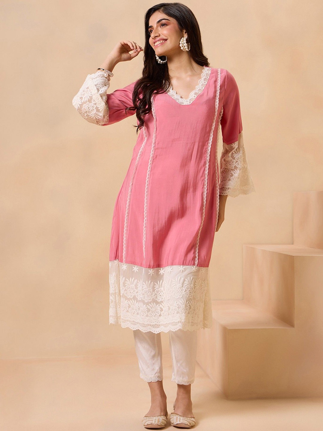 

Gajra Gang Women Floral Embroidered Regular Thread Work Kurta with Trousers, Coral
