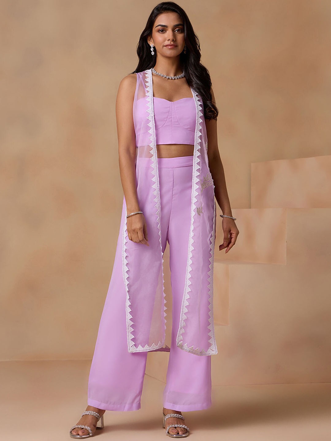 

Gajra Gang Embroidered Crop Top With Trouser & Jacket, Lavender