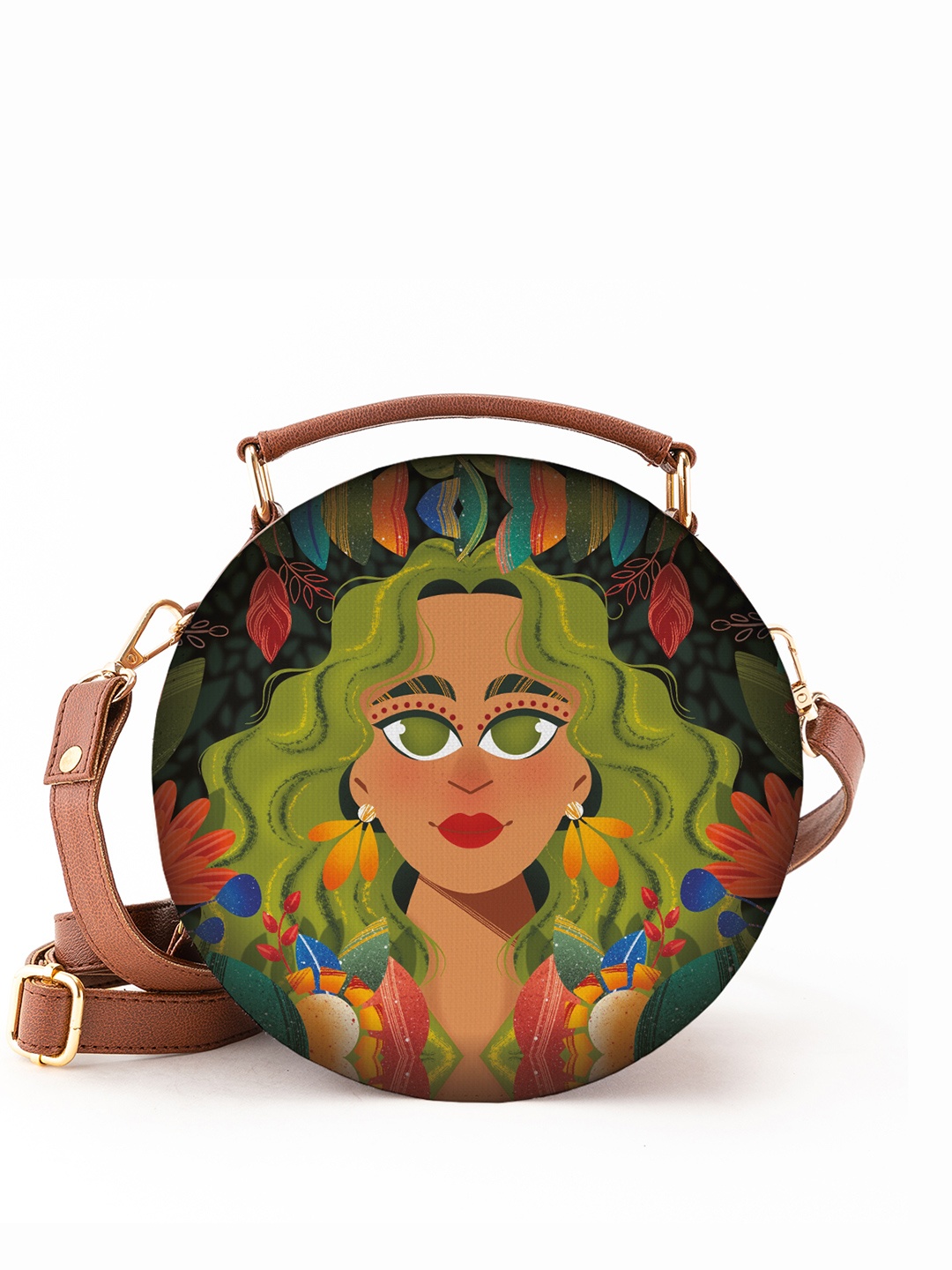 

Kalankit Floral Printed Half Moon Satchel with Applique, Green