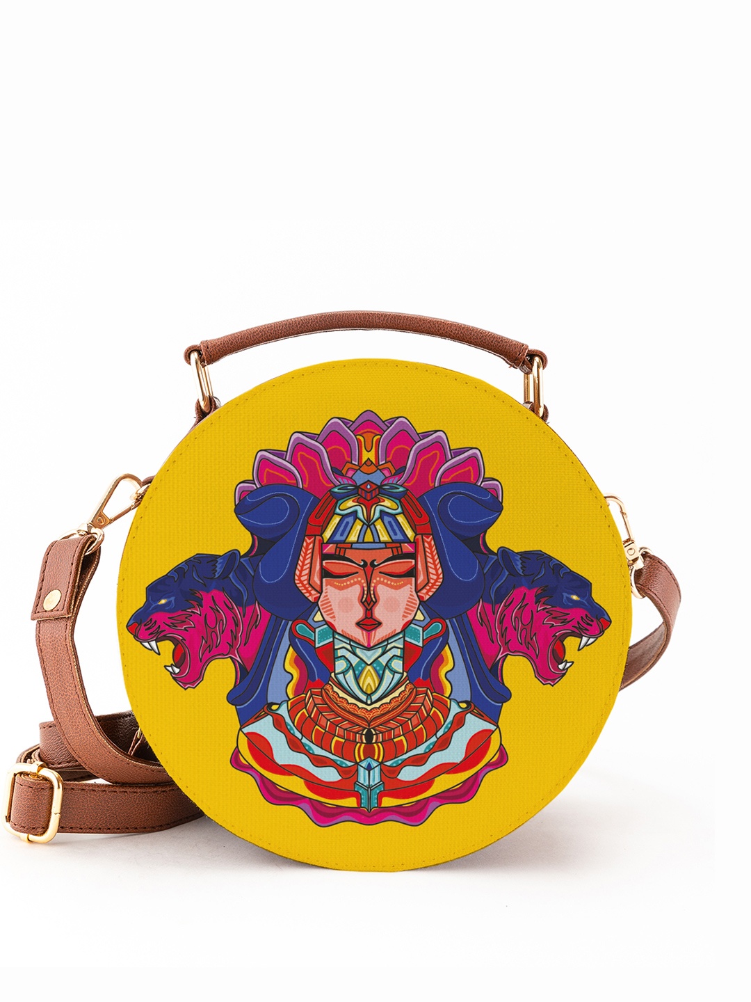 

Kalankit Printed Oversized Half Moon Satchel with Applique, Yellow