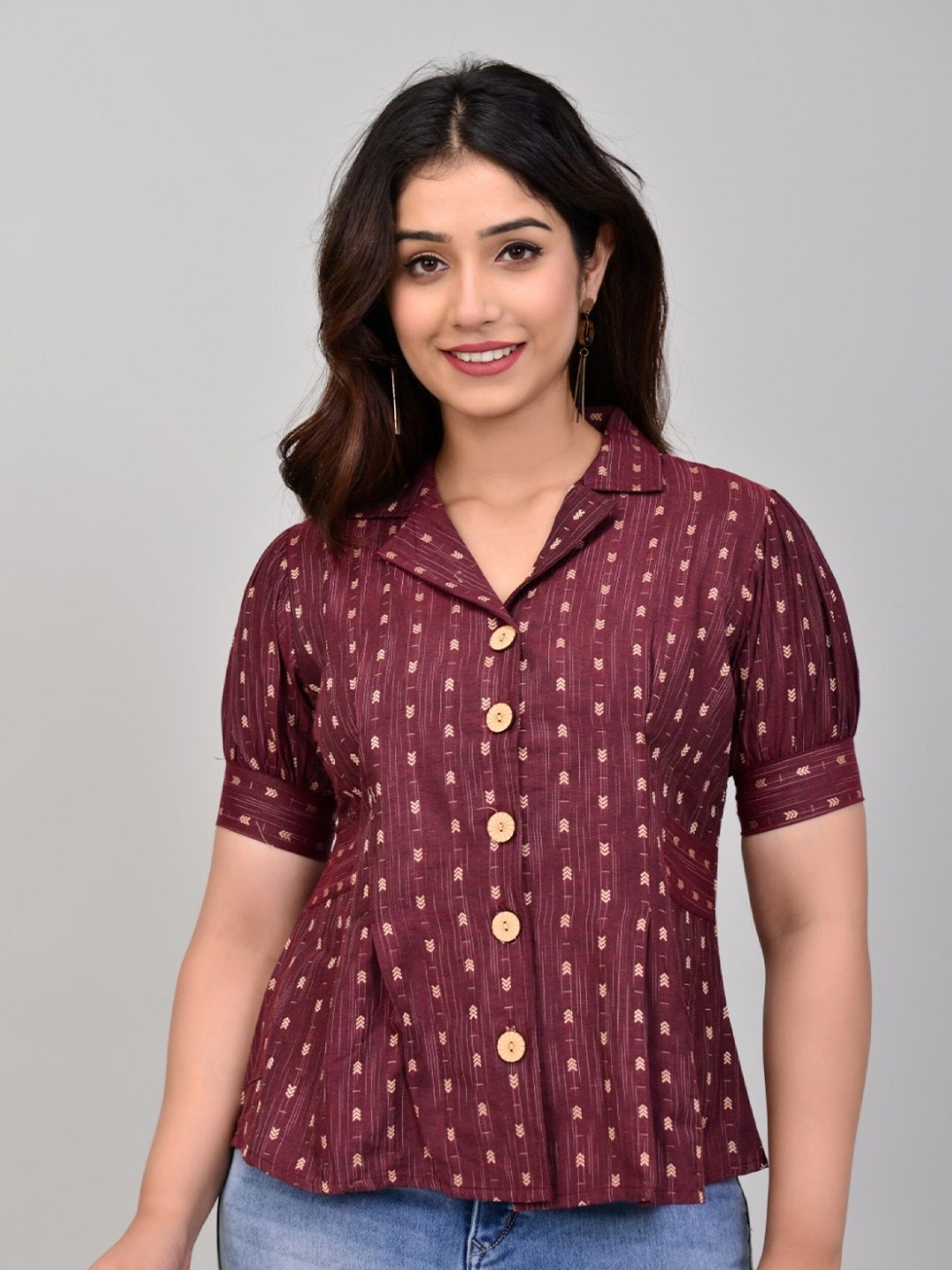

AARYAHI Geometric Print Cotton Shirt Style Top, Maroon