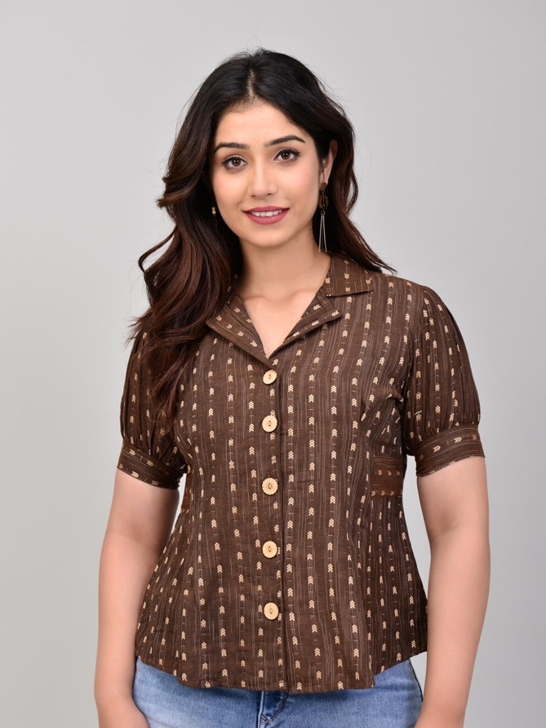 

AARYAHI Geometric Print Puff Sleeve Cotton Shirt Style Top, Brown