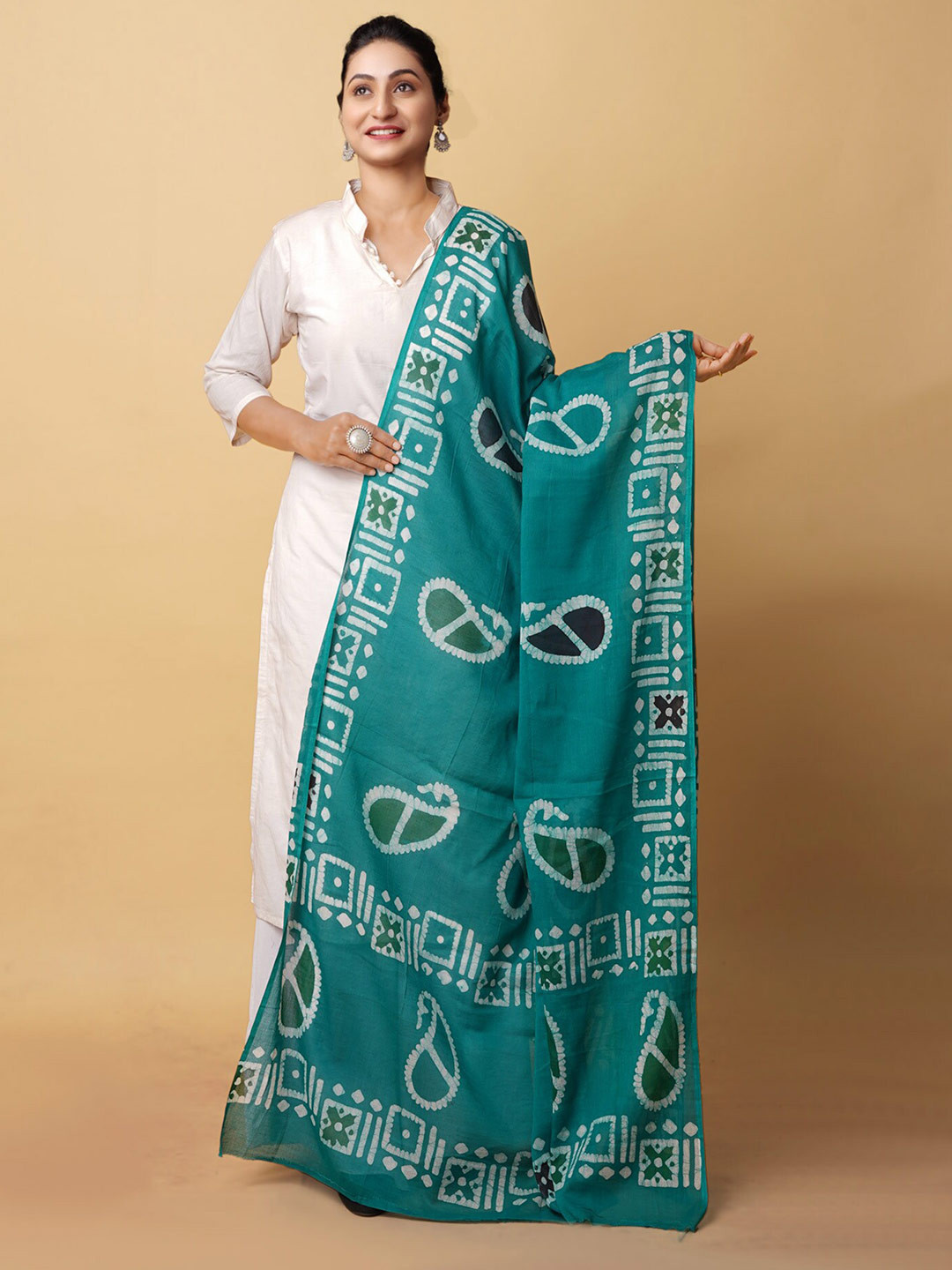 

Unnati Silks Paisley Printed Pure Cotton Dupatta, Green