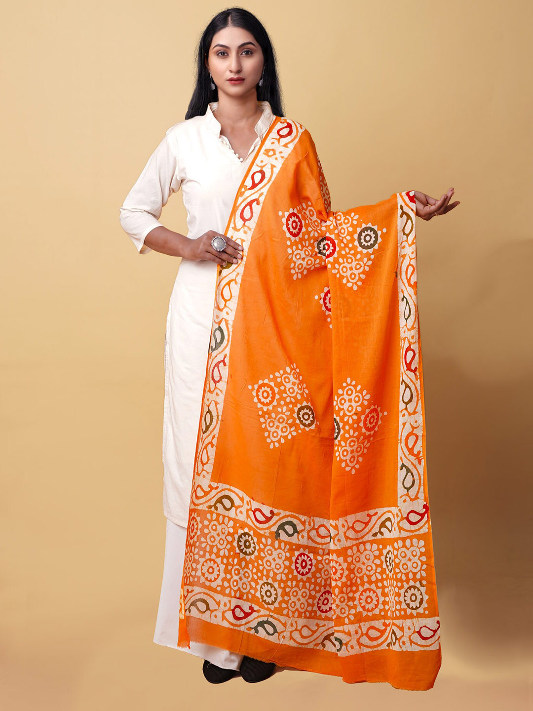

Unnati Silks Ethnic Motifs Printed Pure Cotton Batik Dupatta, Orange