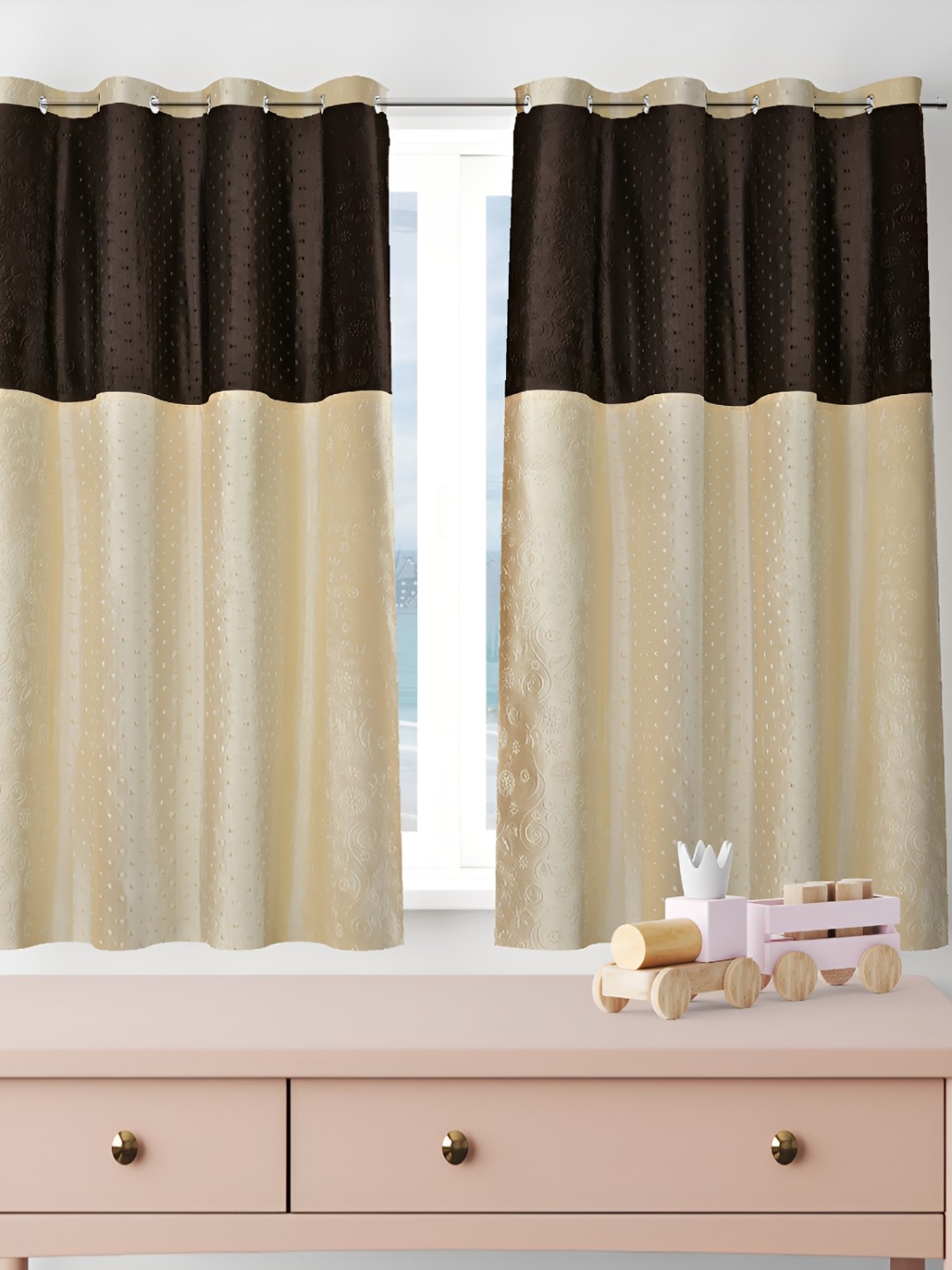 Galaxy Home Decor Cream-Coloured Set of 2 Floral Room Darkening Window Curtain