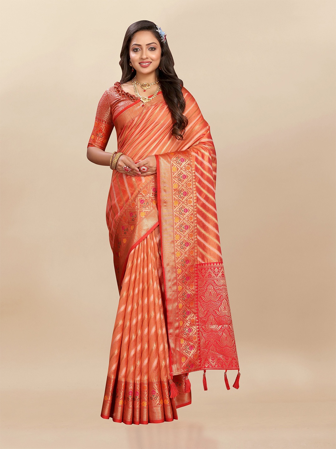 

bansari textiles Leheriya Zari Organza Banarasi Saree, Orange