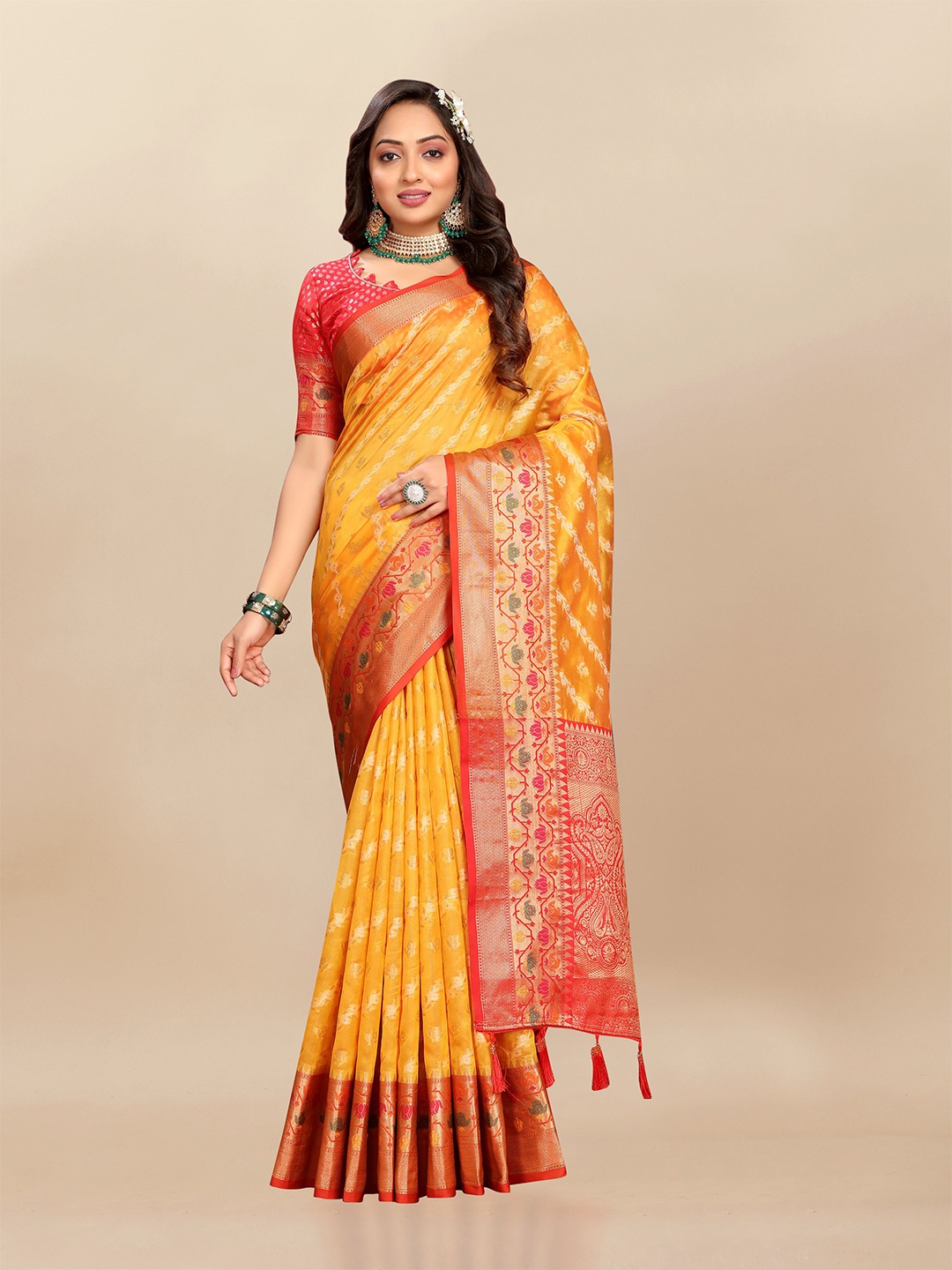 

bansari textiles Ethnic Motifs Zari Organza Banarasi Saree, Yellow