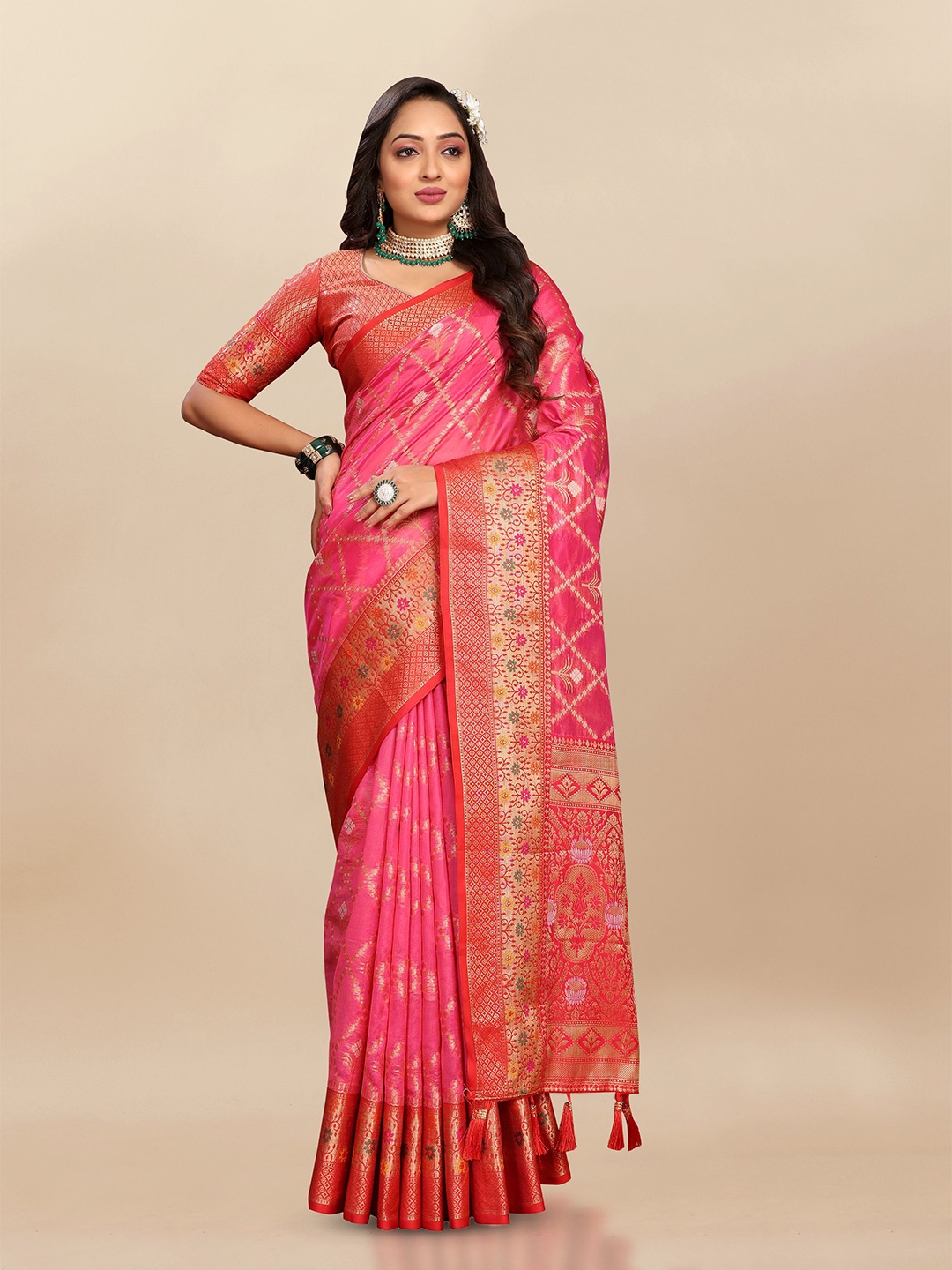 

bansari textiles Woven Design Zari Organza Banarasi Saree, Pink