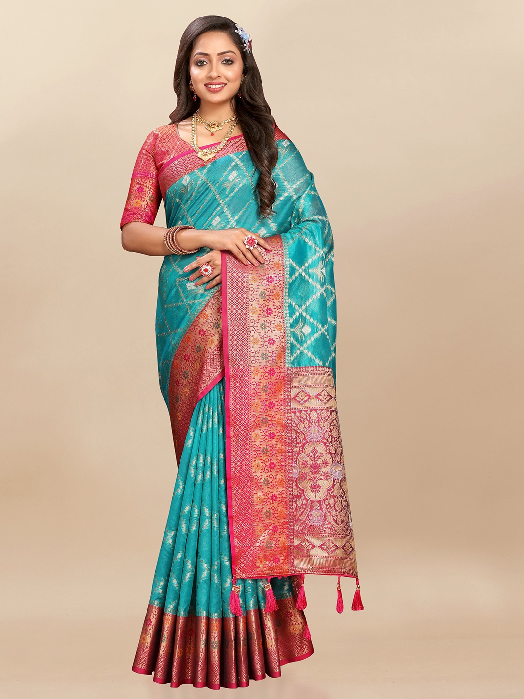 

bansari textiles Woven Design Zari Organza Banarasi Saree, Turquoise blue
