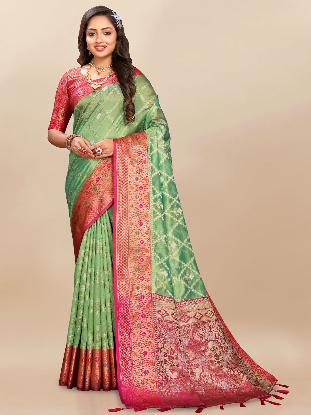 

bansari textiles Woven Design Zari Organza Banarasi Saree, Lime green