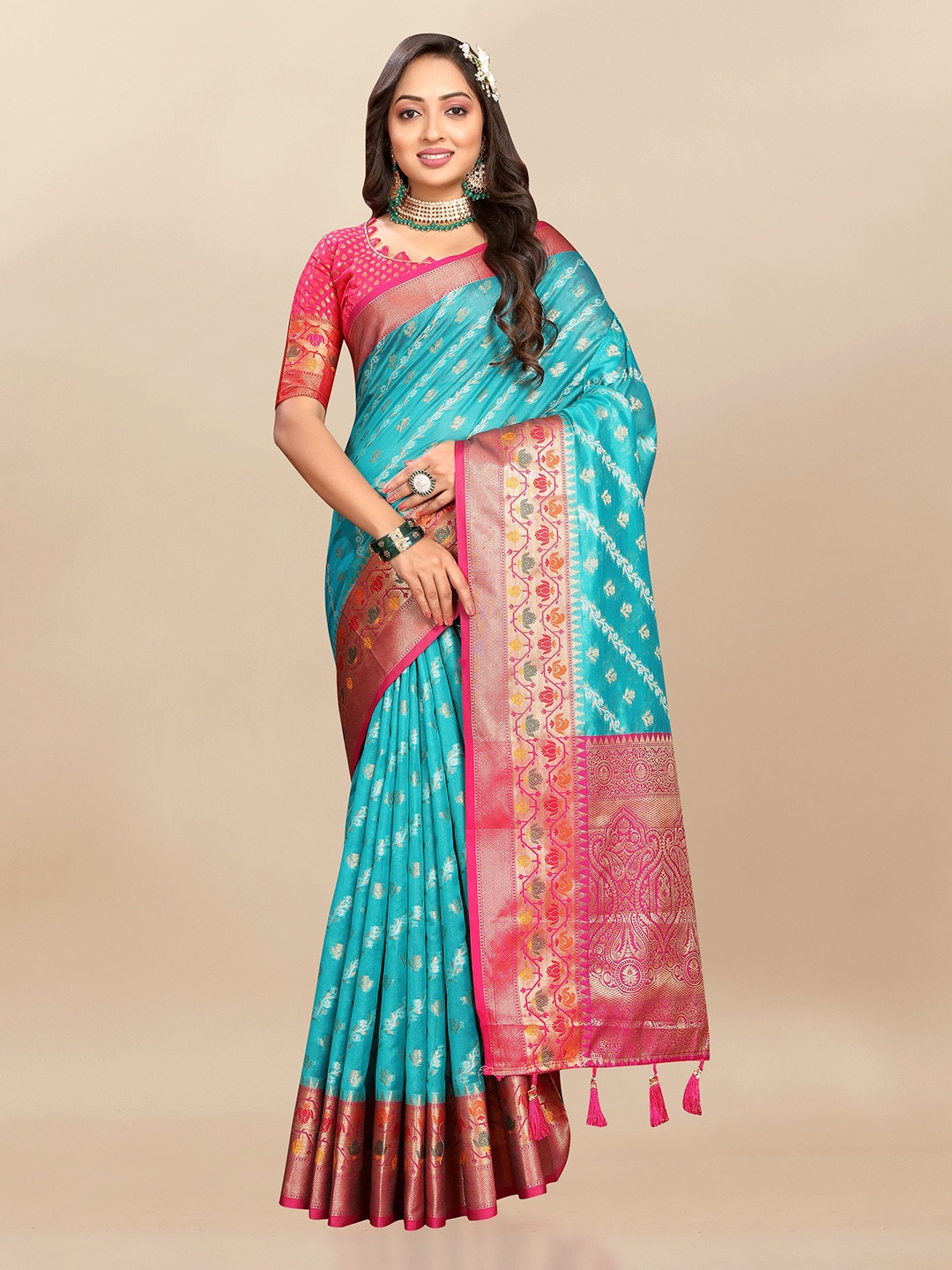 

bansari textiles Floral Zari Organza Banarasi Saree, Turquoise blue