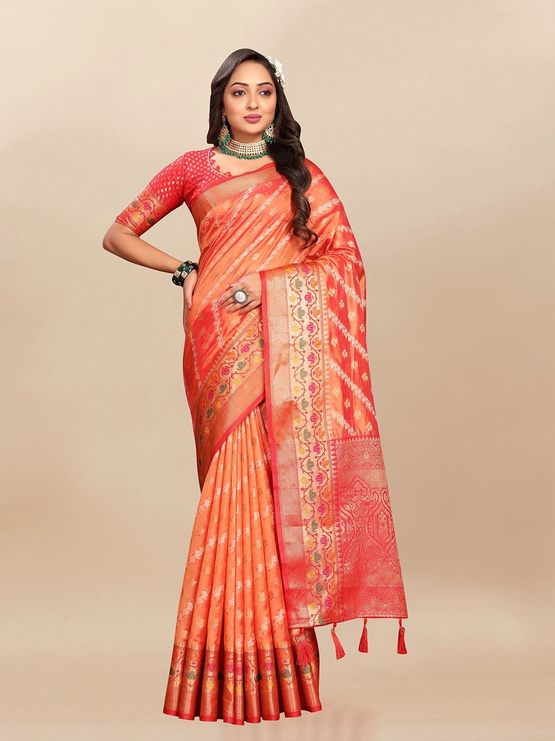 

bansari textiles Woven Design Zari Organza Banarasi Saree, Orange