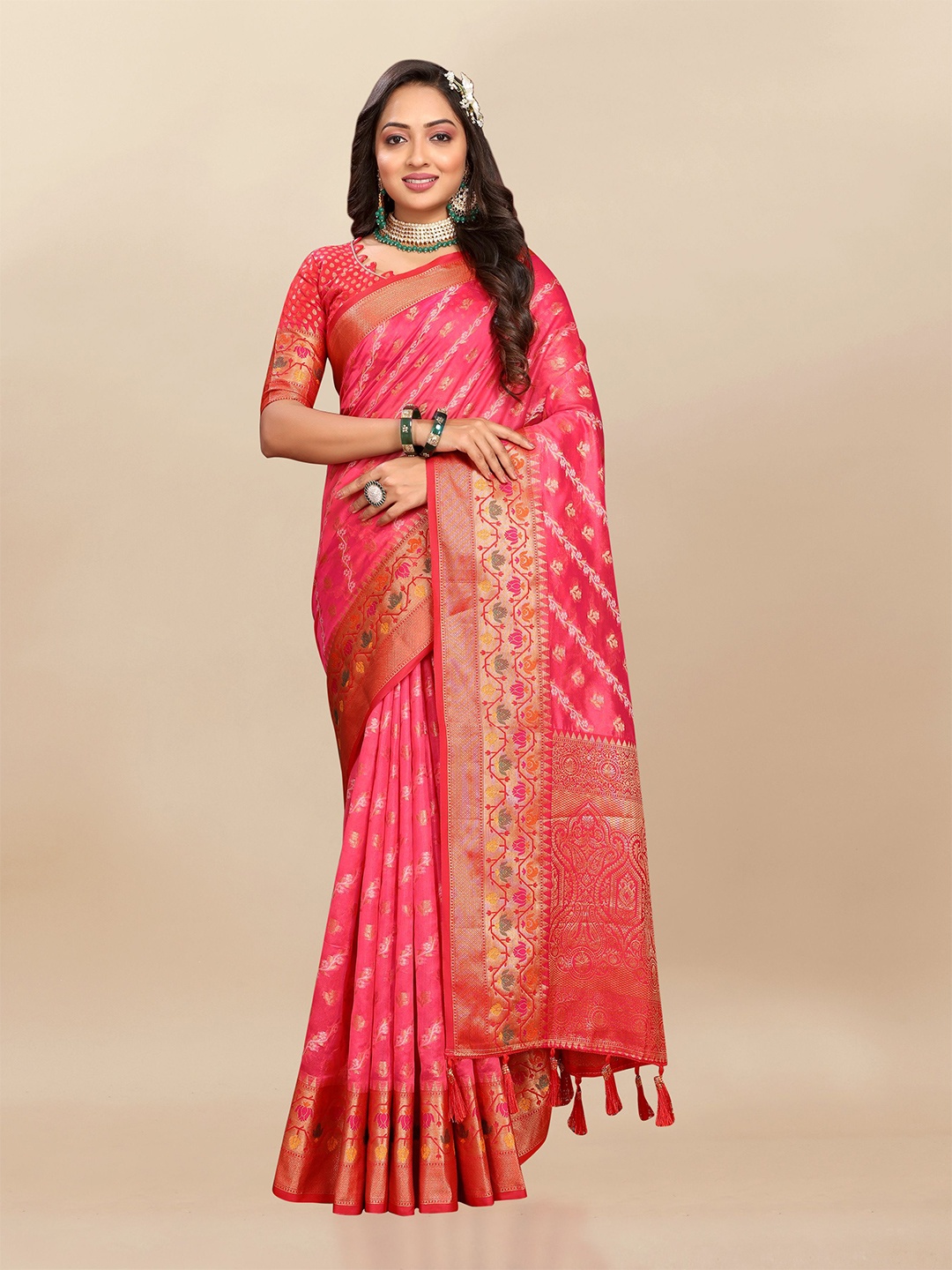 

bansari textiles Ethnic Motifs Zari Organza Banarasi Saree, Pink