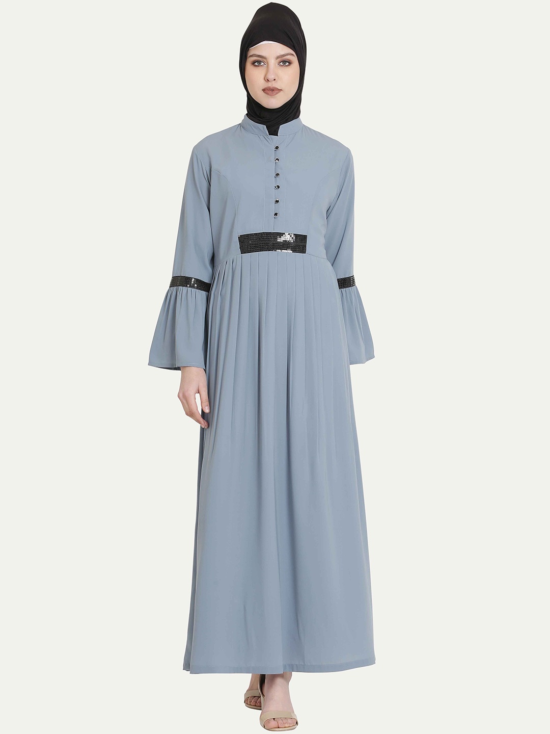 

MOMIN LIBAS Sequinned-Detail Pleated A-Line Abaya, Grey
