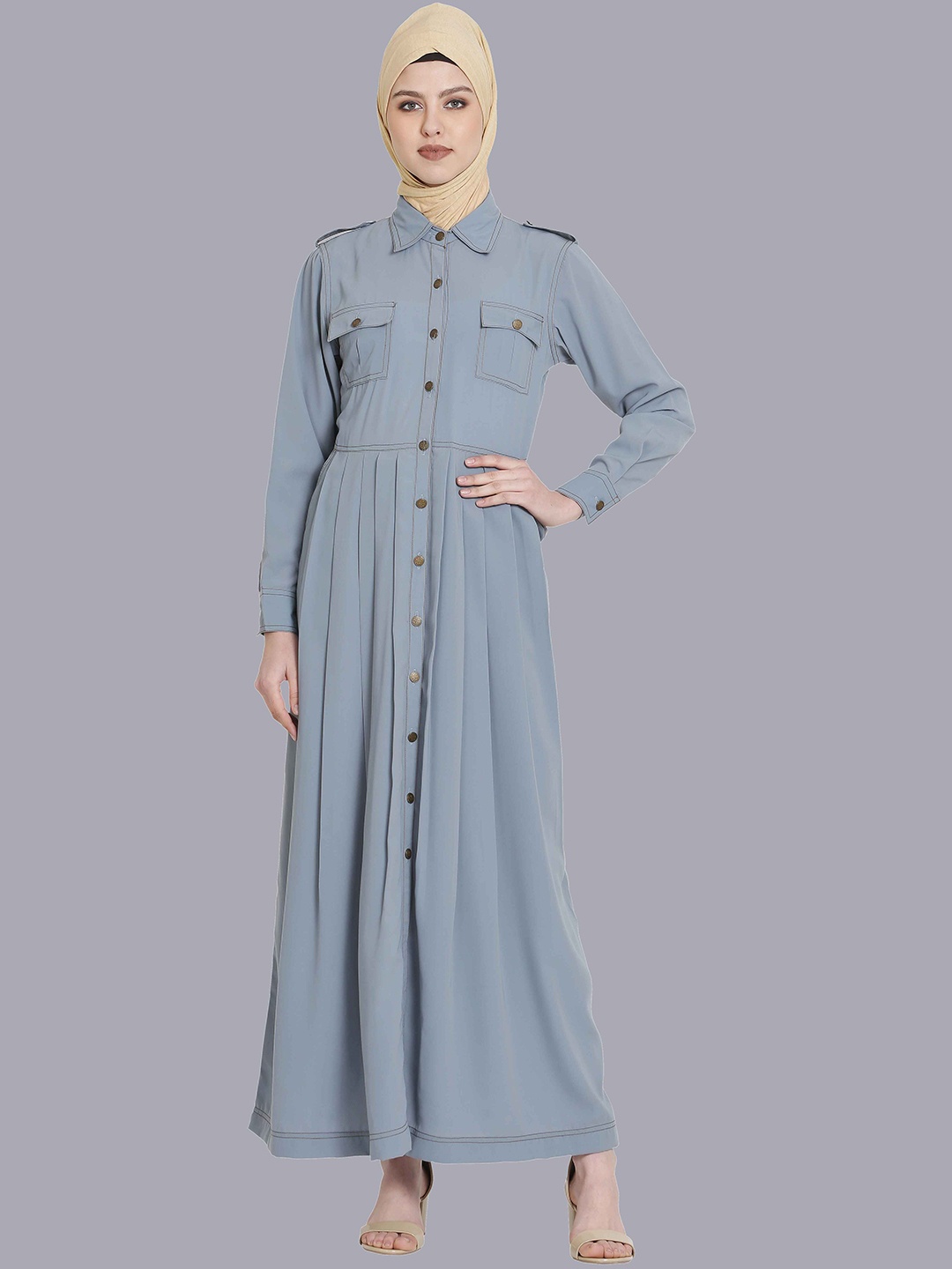 

MOMIN LIBAS Spread Collar Long Sleeves Pleated A-Line Abaya, Grey
