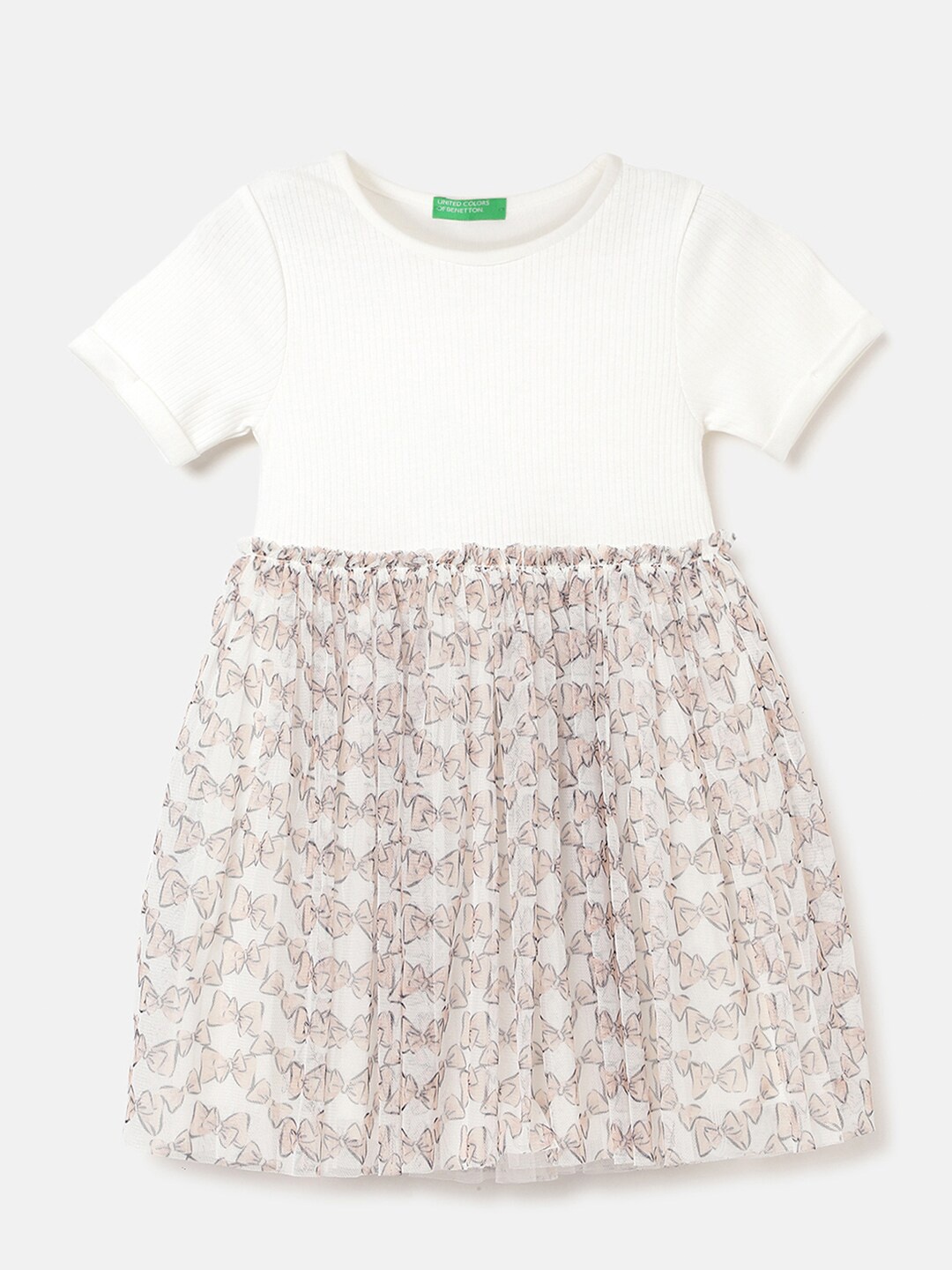 

United Colors of Benetton Girls Floral Printed Pure Cotton Fit & Flare Dress, White