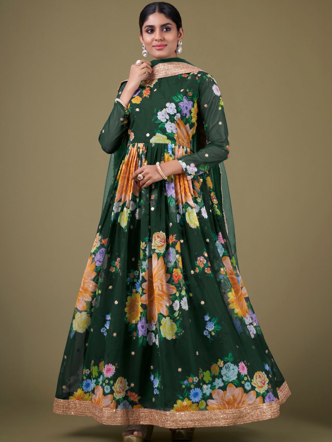 

ODETTE Printed Semi-Stitched Dress Material, Green
