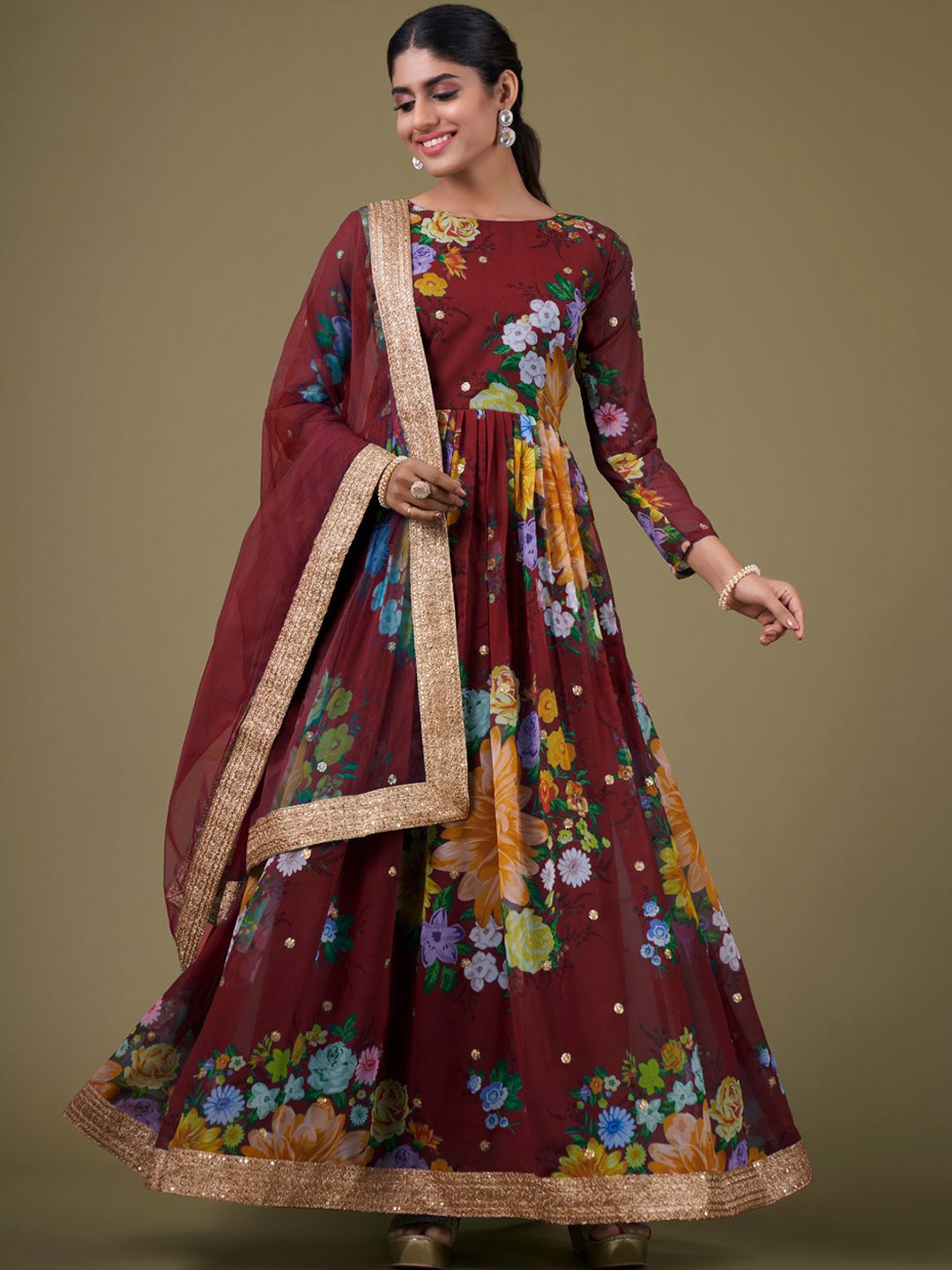 

ODETTE Printed Semi-Stitched Dress Material, Maroon