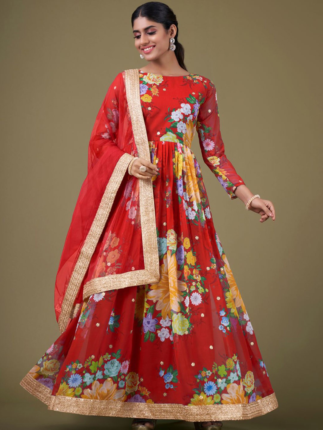 

ODETTE Printed Semi-Stitched Dress Material, Red