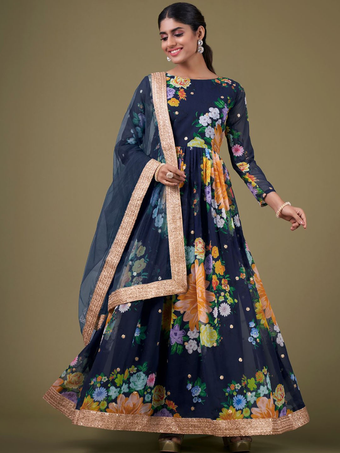 

ODETTE Floral Printed Fit and Flare Semi Stitched Ethnic Dress with Dupatta, Navy blue