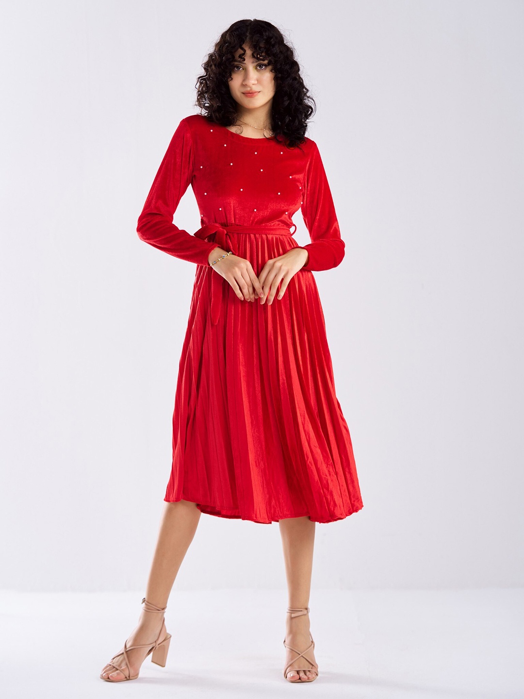 

AASK Velvet Fit & Flare Midi Dress, Red
