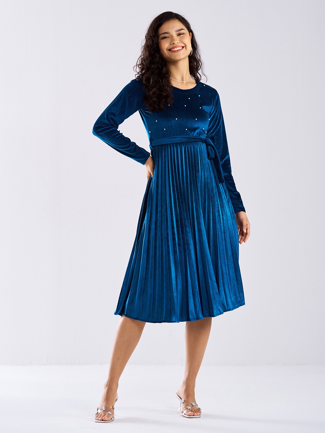 

AASK Velvet Fit & Flare Midi Dress, Teal