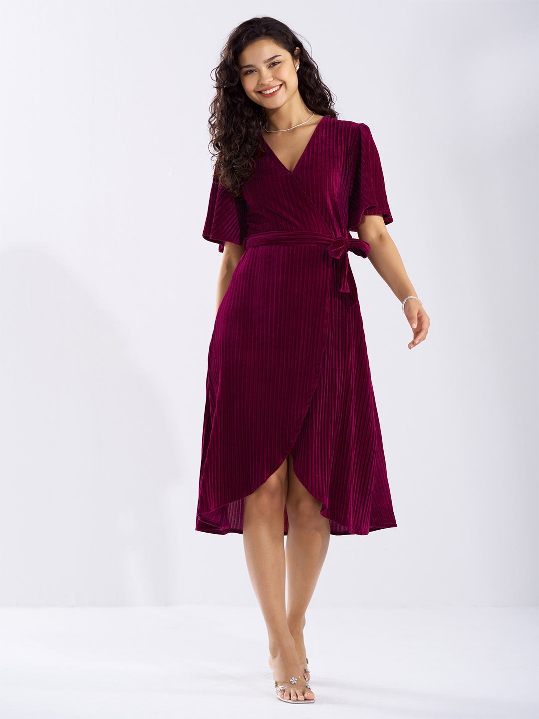 

AASK Flared Sleeve Velvet Midi Dress, Purple