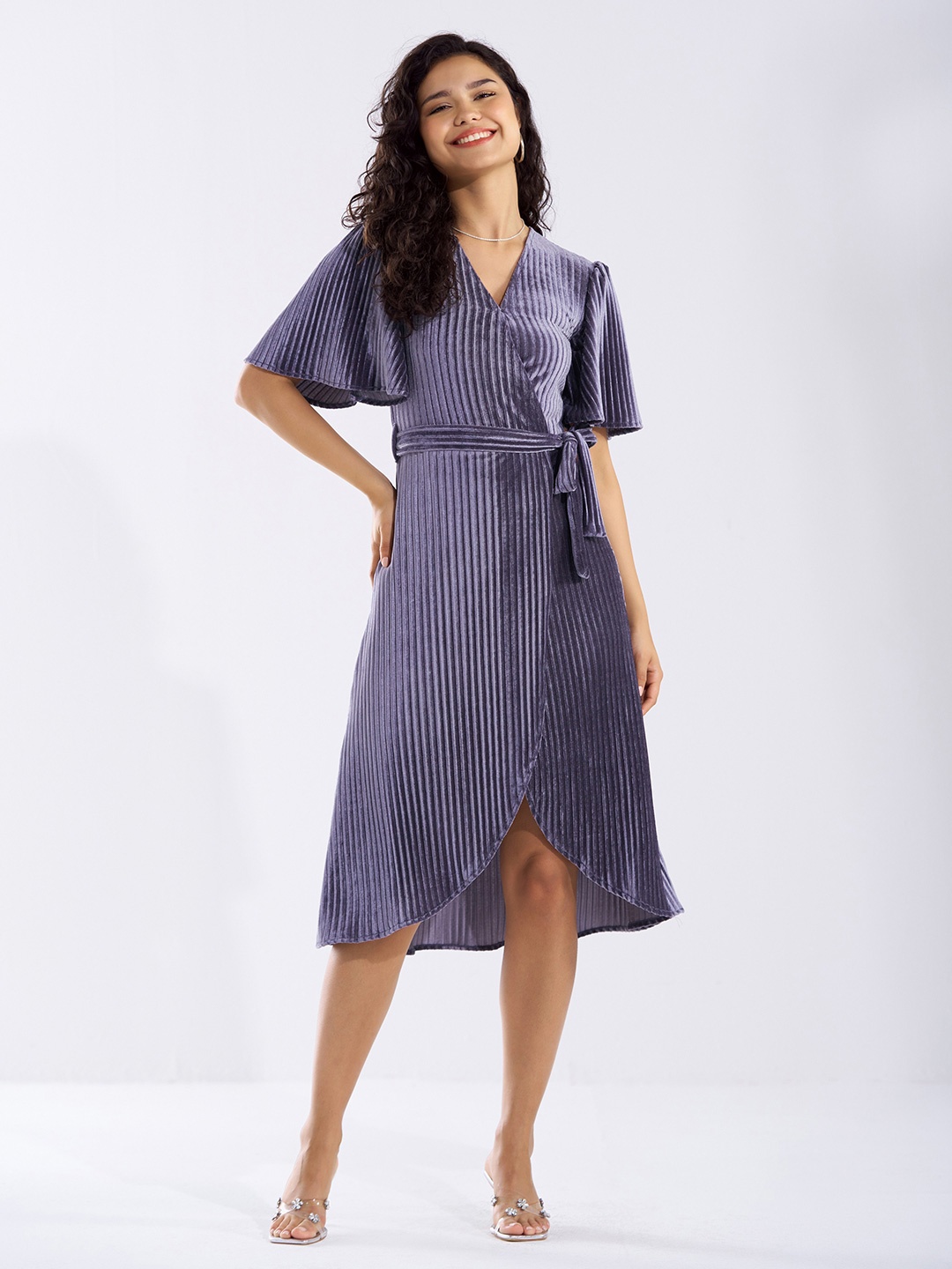 

AASK Striped Velvet Midi Dress, Grey
