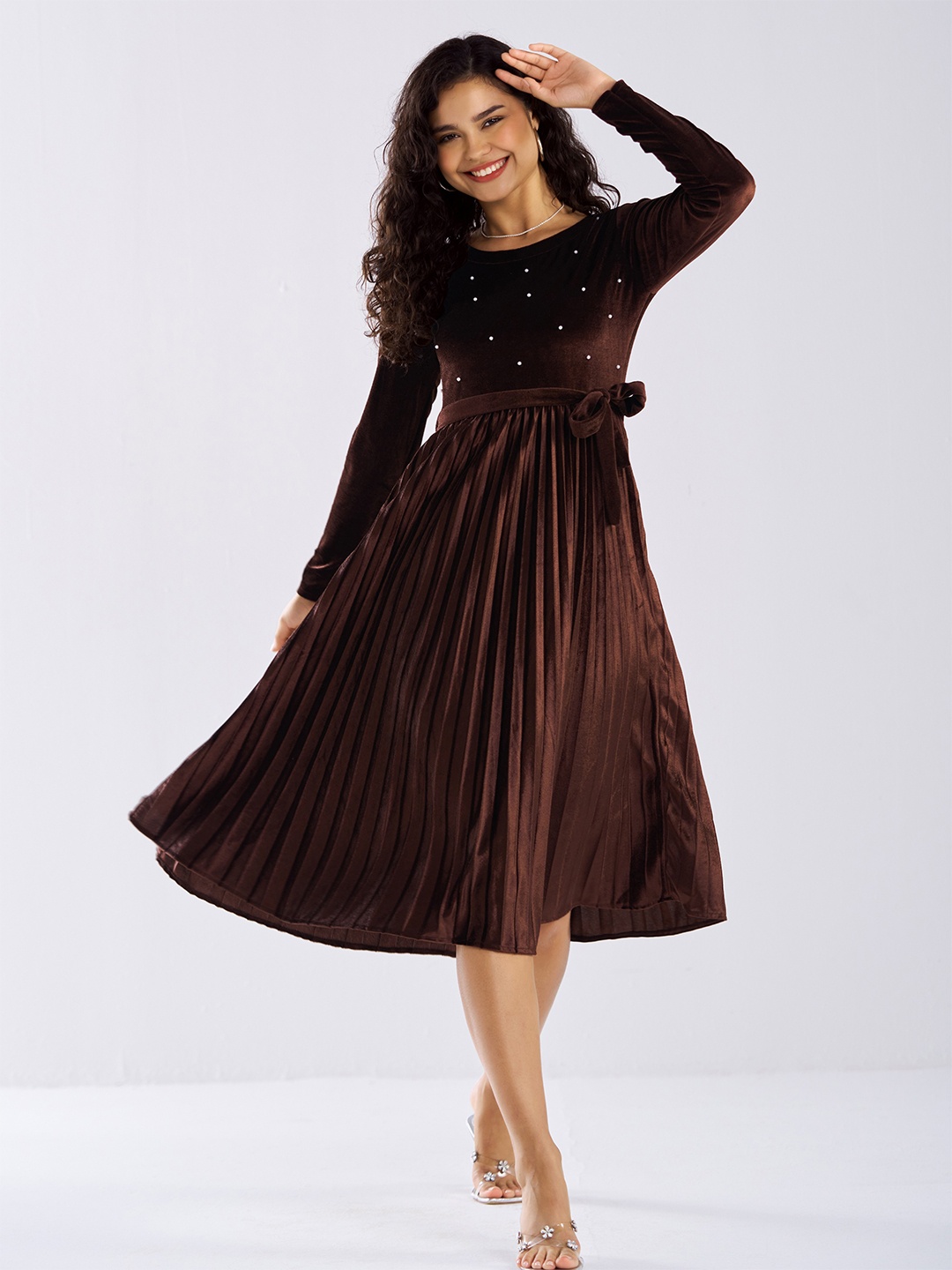 

AASK Embellished Velvet Fit & Flare Midi Dress, Coffee brown