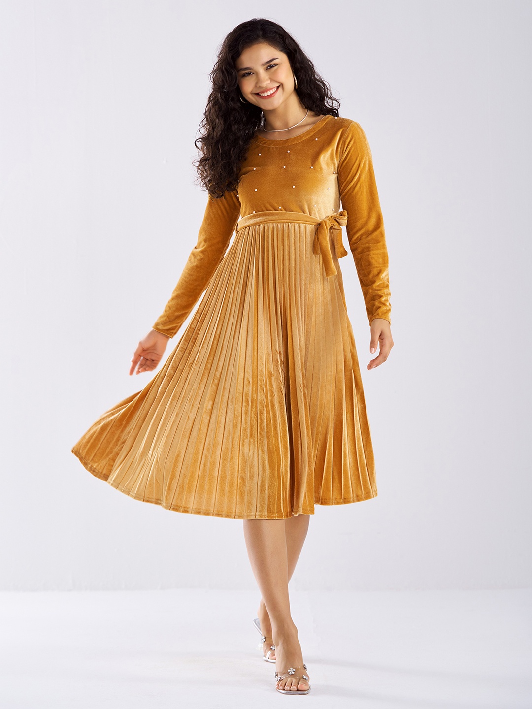 

AASK Velvet Fit & Flare Midi Dress, Gold