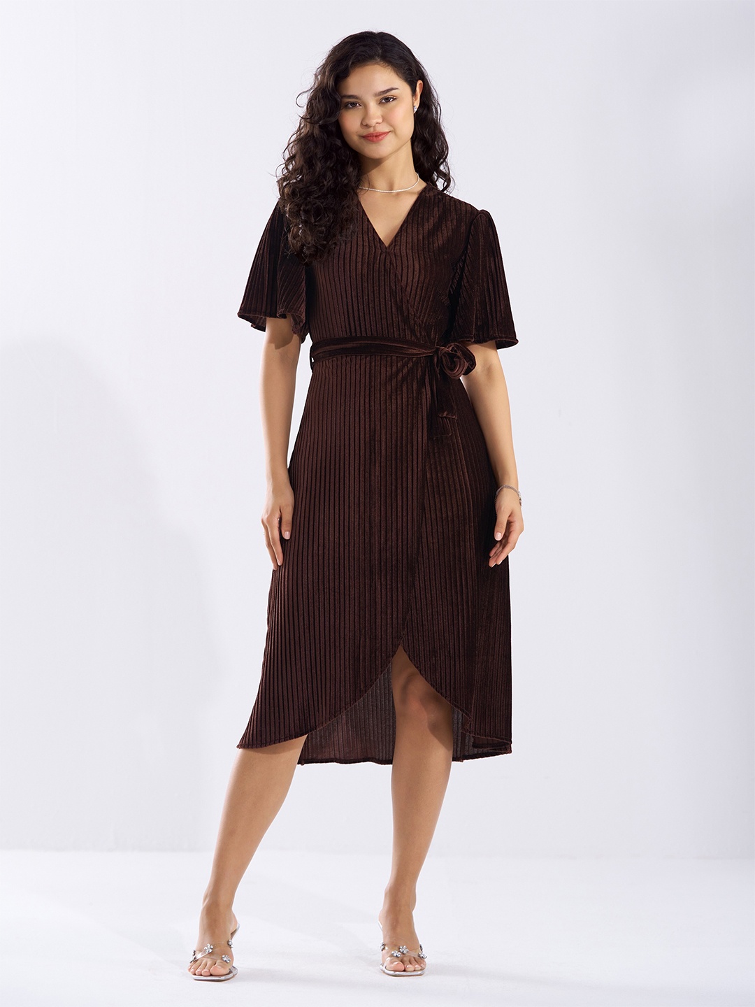 

AASK Flared Sleeve Velvet Midi Dress, Coffee brown