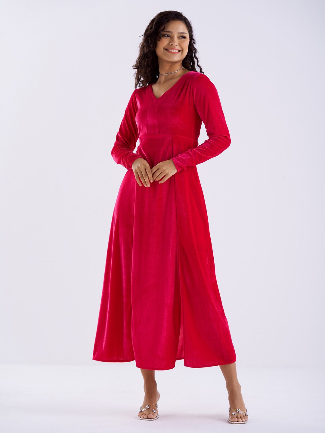 

AASK Velvet Fit & Flare Midi Dress, Pink