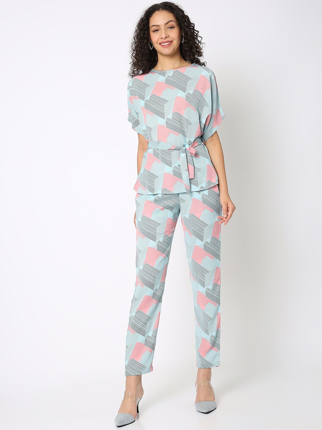 

NOT SO PINK Geometric Printed Boat Neck Top With Trousers, Blue