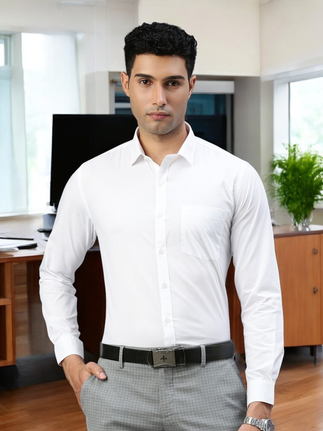 Ramraj New Spread Collar Long Sleeves Formal Shirt, White