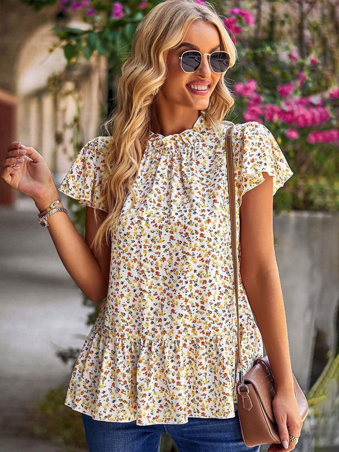 

StyleCast Floral Print Mandarin Collar Peplum Top, Beige
