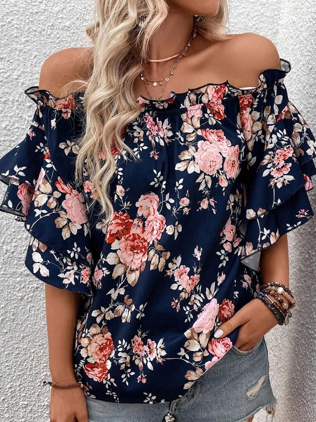 

StyleCast Floral Print Flared Sleeve Bardot Top, Navy blue