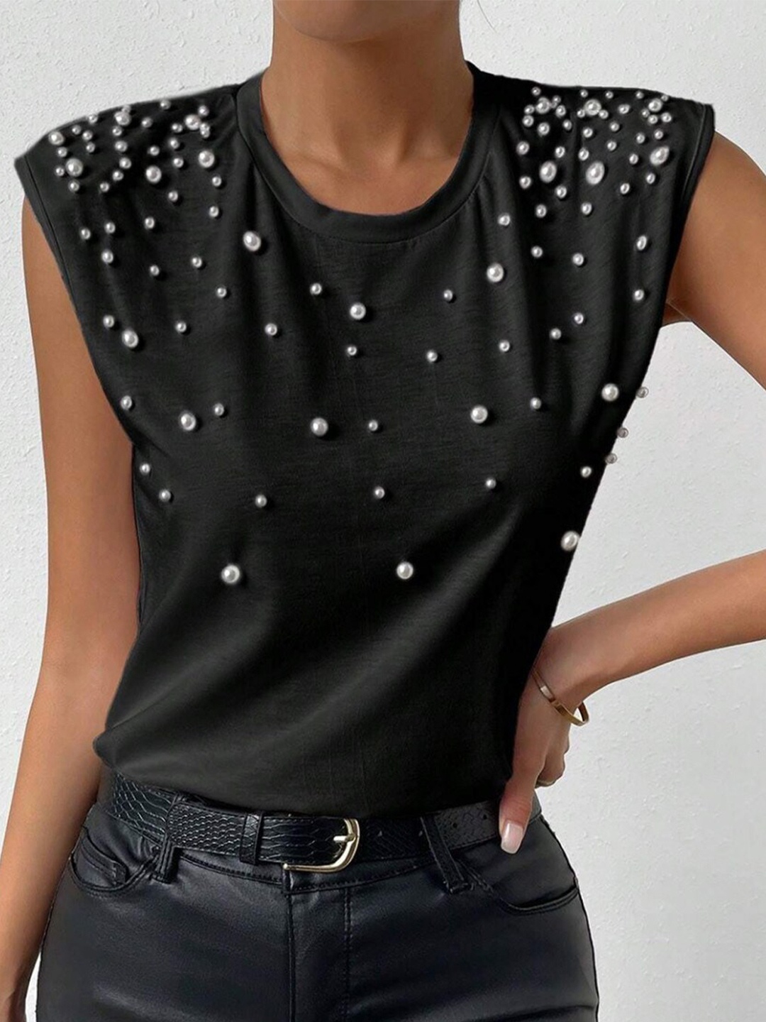 

StyleCast Black Embellished Round Neck Top