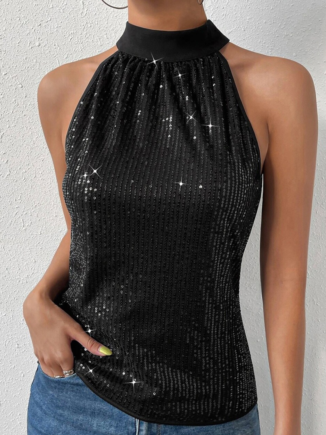 

StyleCast Black Embellished Halter Neck Sequined Top