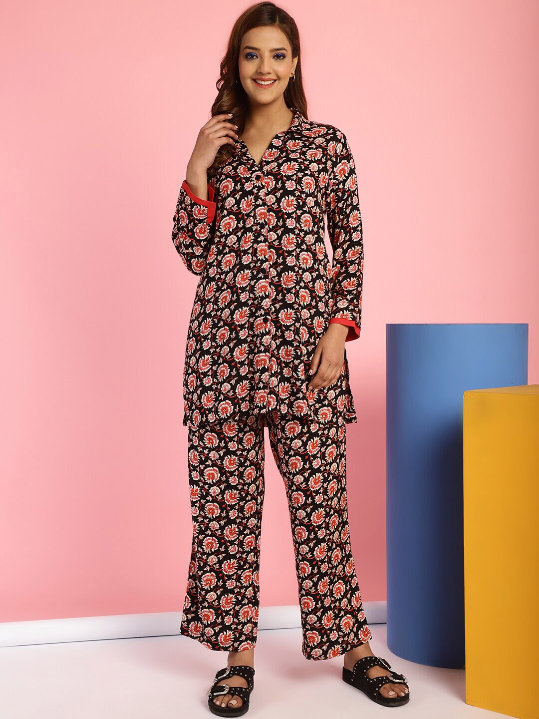 

Secret Wish Floral Printed Shirt With Trouser, Black