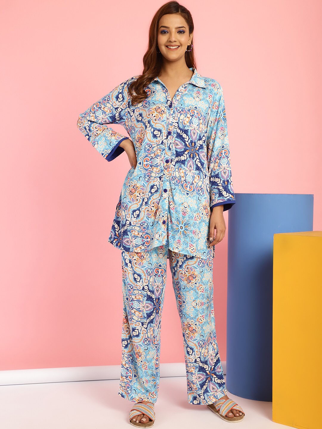 

Secret Wish Floral Printed Shirt With Trousers, Blue