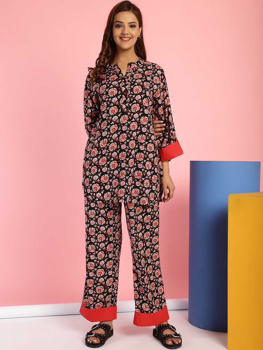 

Secret Wish Printed Mandarin Collar Top With Trousers, Black